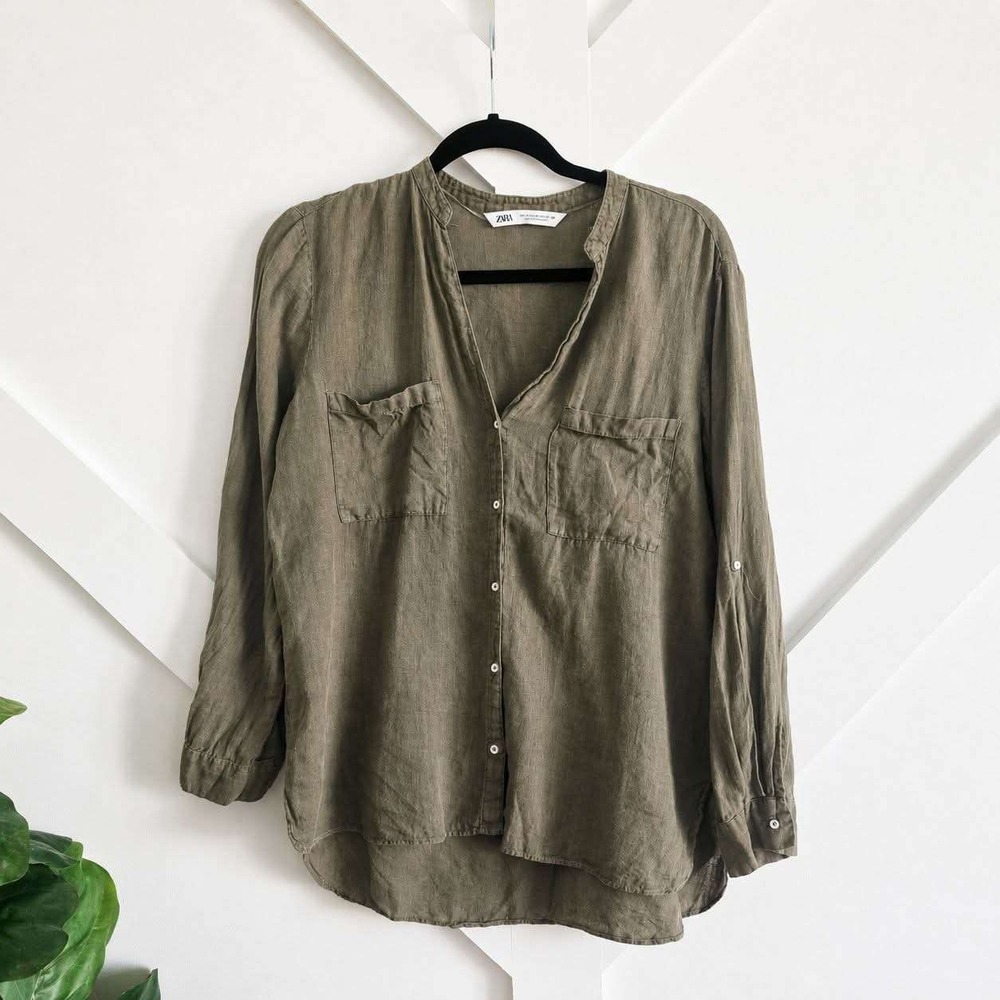 Zara Linen Shirt Womens Medium Olive Green Long Sleeve Button Down Blouse